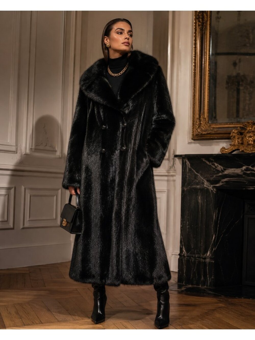 Vintage Black Genuine Mink Fur Full Length Double Breasted Coat Size L/XL